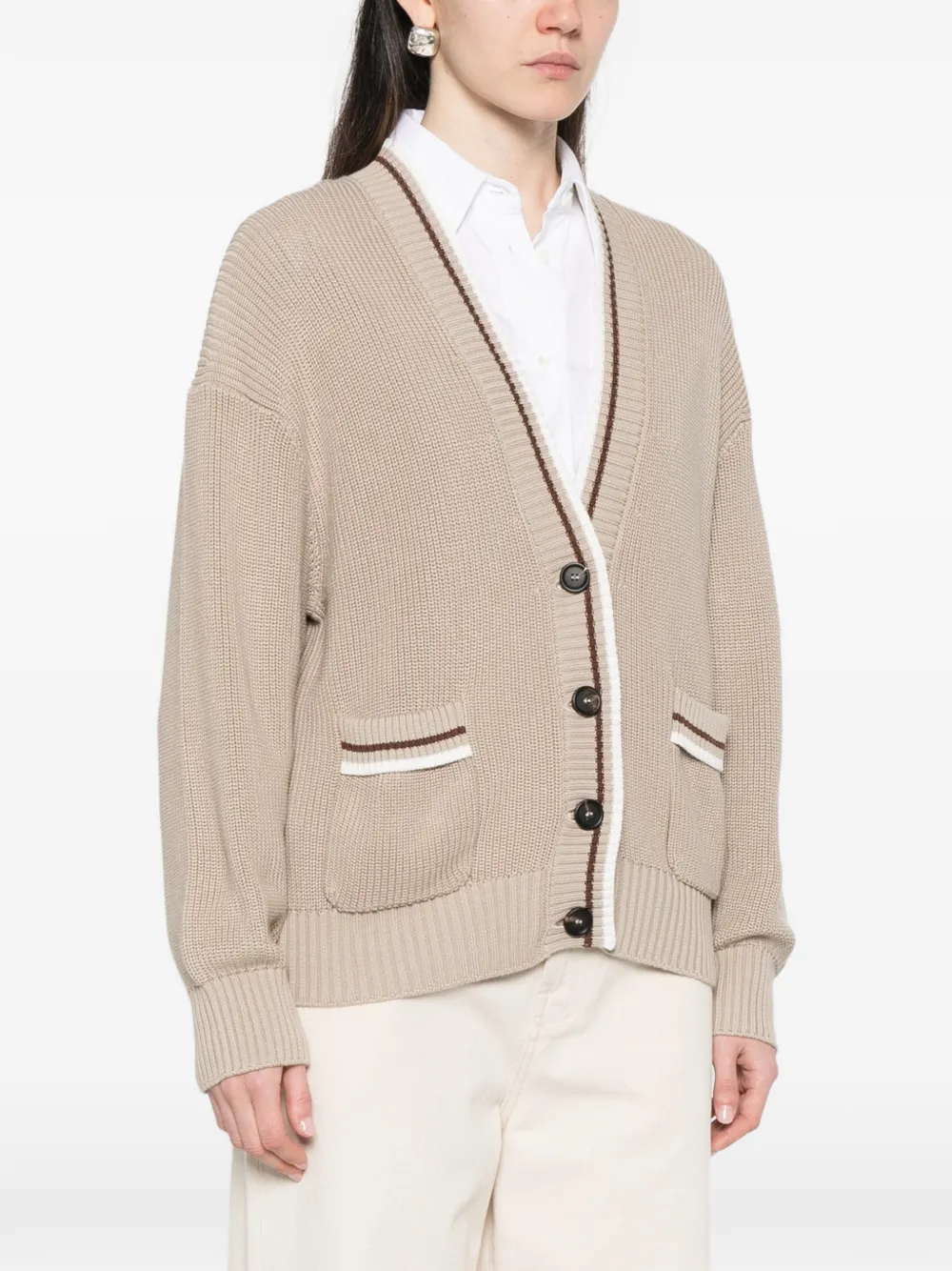  Brunello Cucinelli Buttoned Striped-detail Cardigan - Neutrals 