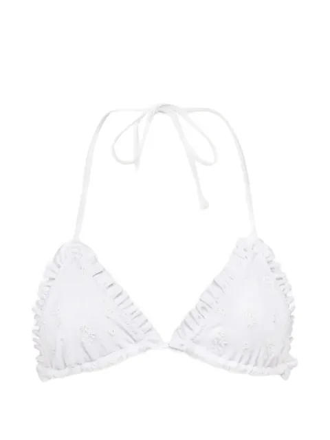 Chloé ruffled-trim floral-embroidered bikini top