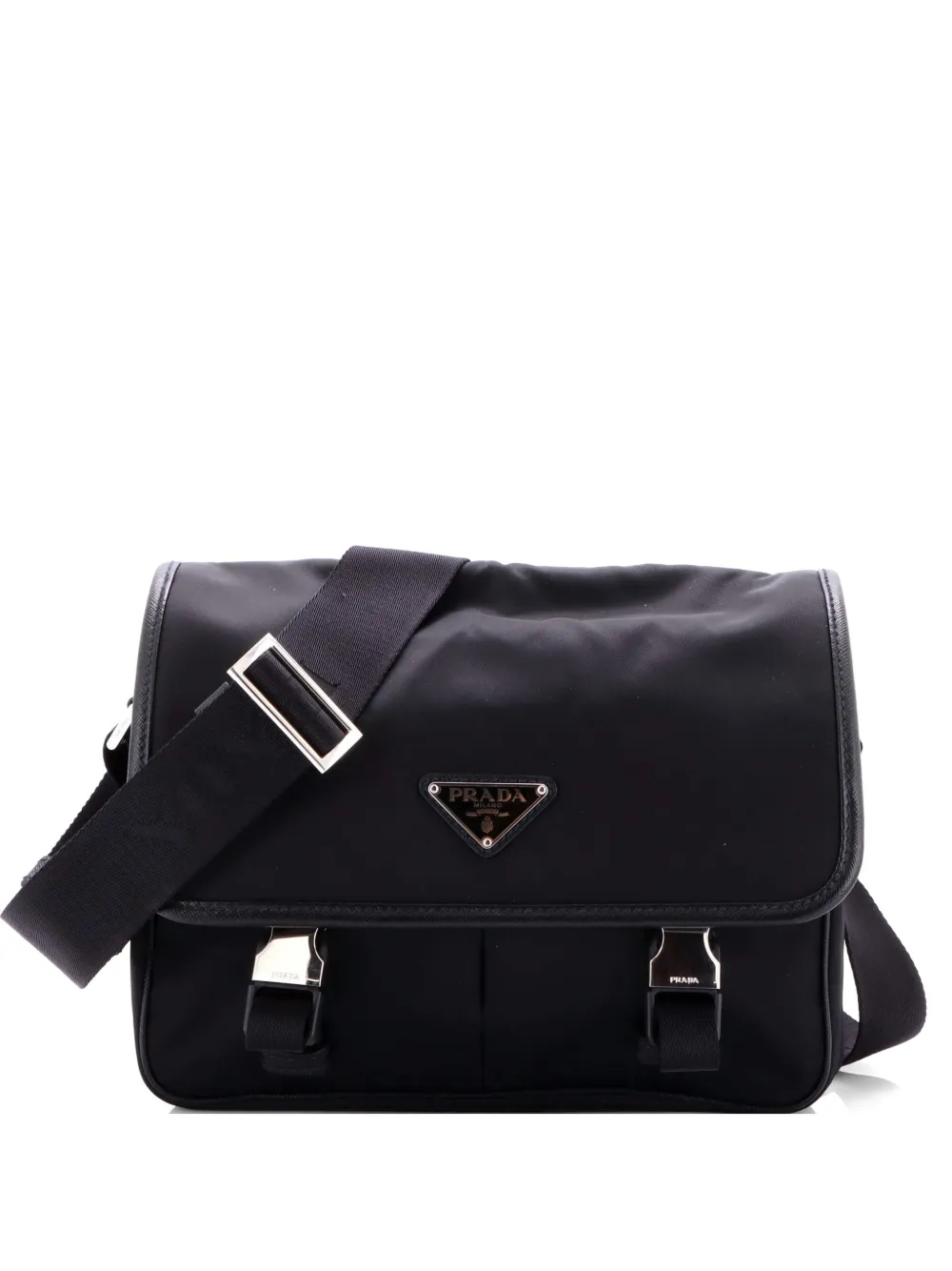 Prada Pre-Owned Double Buckle Flap Messenger Bag Re-Nylon with Saffiano Medium crossbody bag - Nero