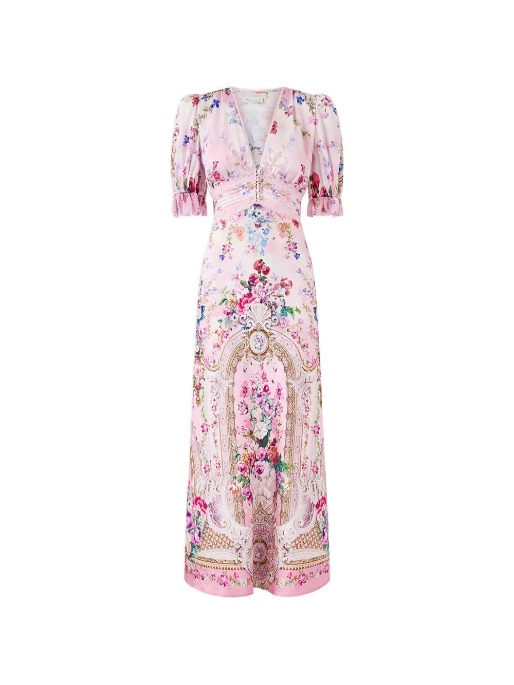 Camilla Abito midi Bias a fiori con inserto in pizzo - Rosa