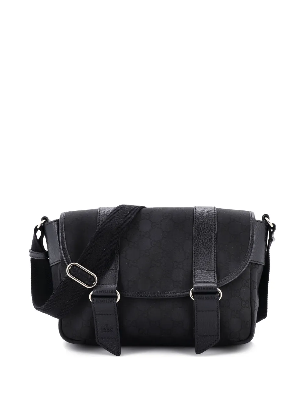 Gucci Pre-Owned Double Belt Flap Messenger GG Canvas with Perforated Leather Medium crossbody bag - Nero