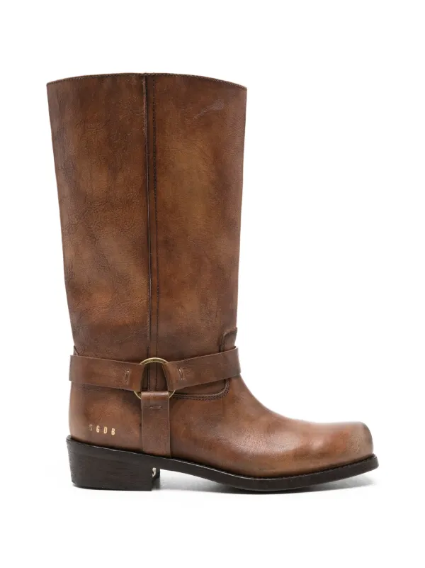 Golden Goose High Biker Boots in Brown Leather with Strap and Antique Gold-tone Buckle