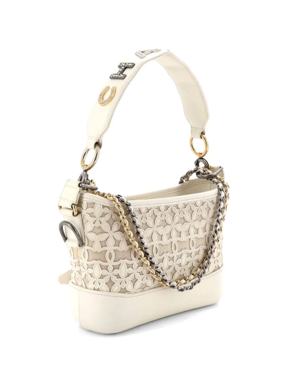  Chanel Pre-owned Gabrielle Hobo With Logo Handle Laser Cut Calfskin And Wool Felt Small Crossbody Bag - Neutrals 