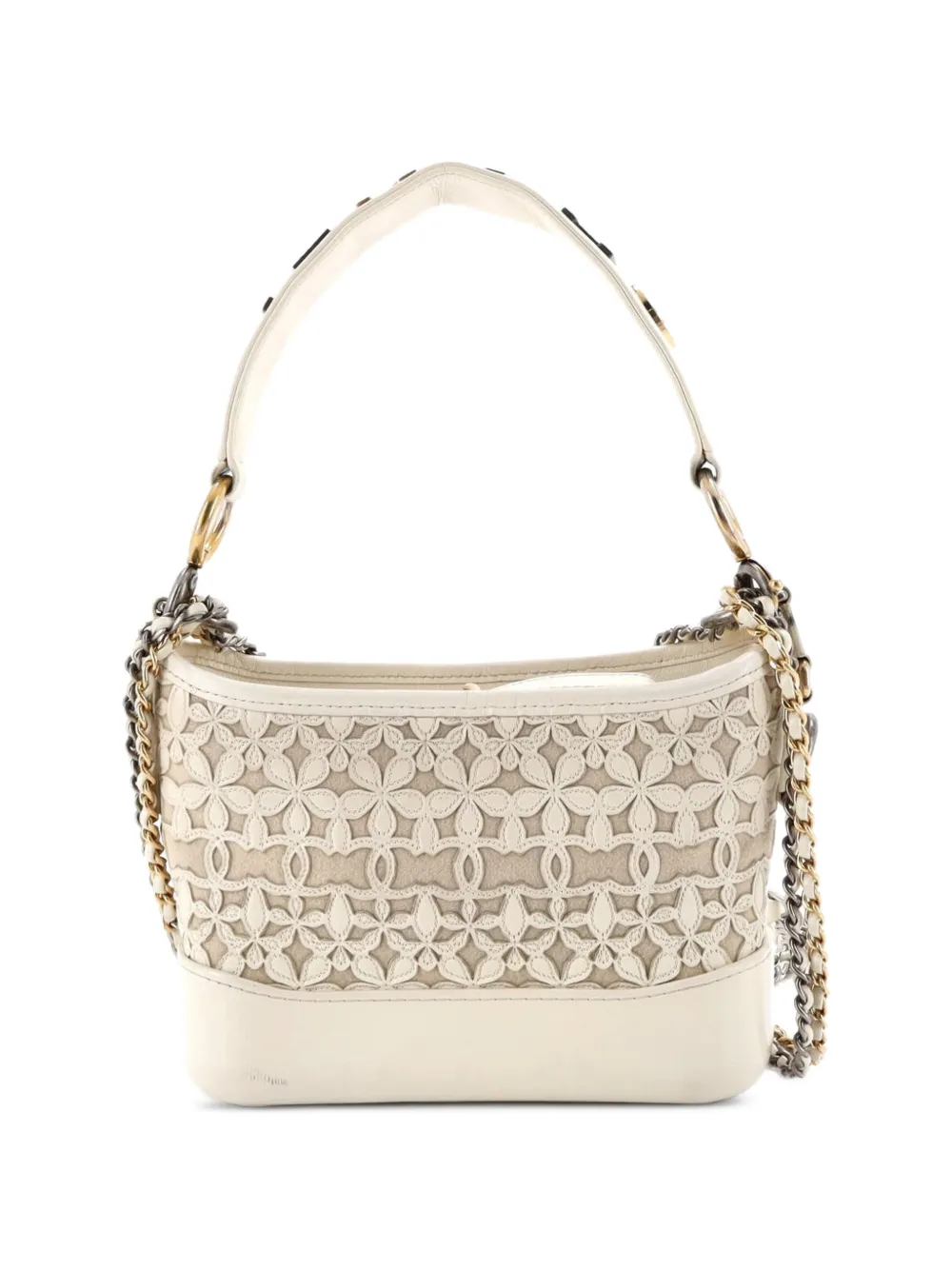  Chanel Pre-owned Gabrielle Hobo With Logo Handle Laser Cut Calfskin And Wool Felt Small Crossbody Bag - Neutrals 