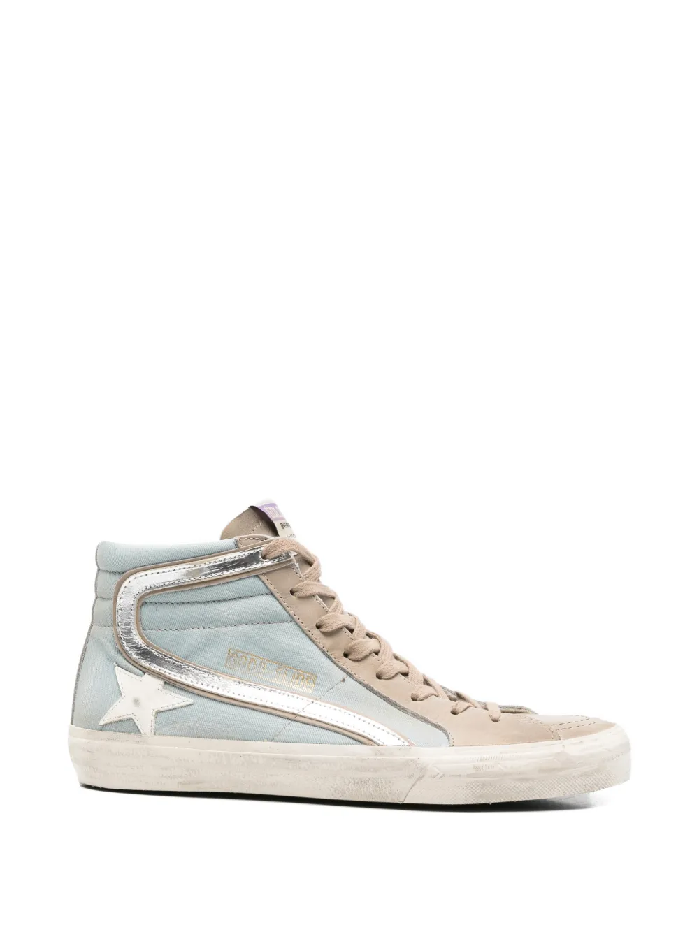 Golden Goose Slide in light blue canvas with silver metallic leather flash