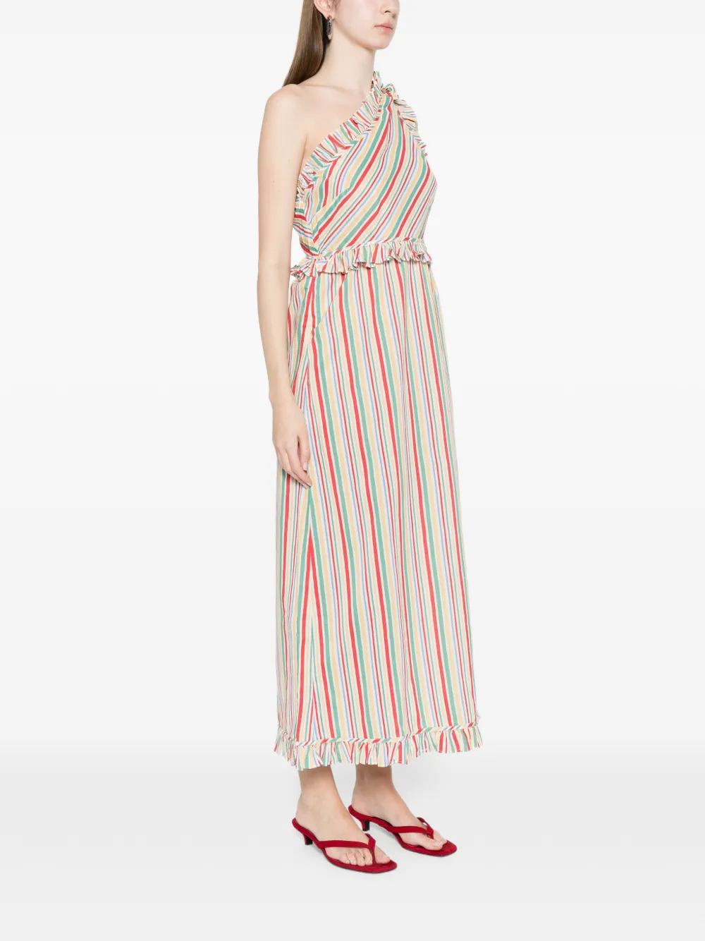 Rixo Asymmetrische jurk met ruches en strepen Beige