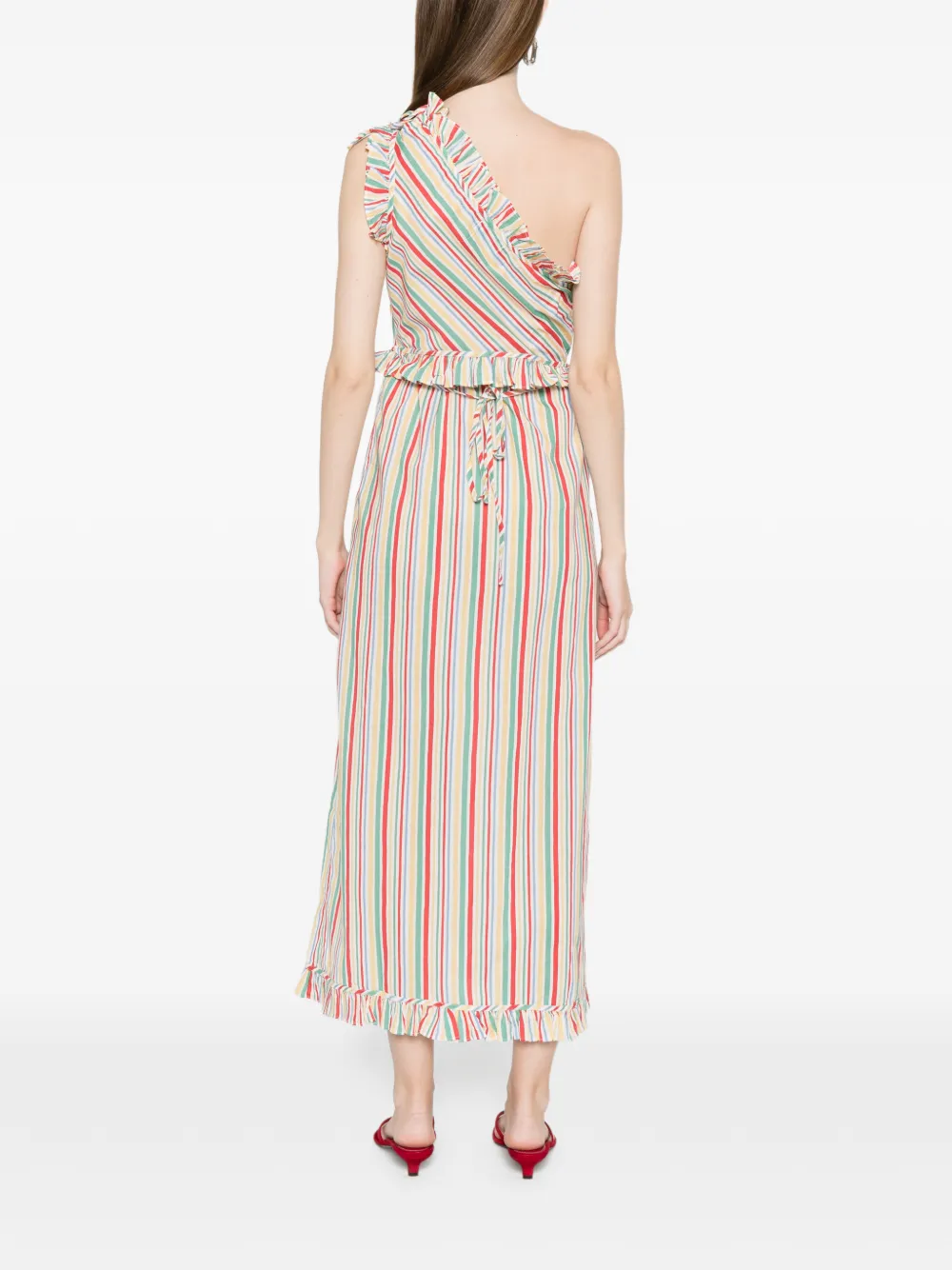 Rixo Asymmetrische jurk met ruches en strepen Beige