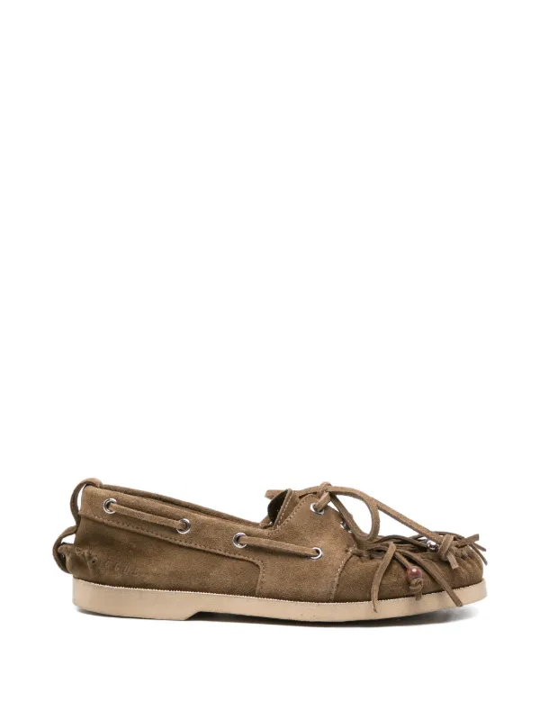 Golden Goose Cruise Loafers in Khaki Suede with Fringe and Multicolored Beads in Brown