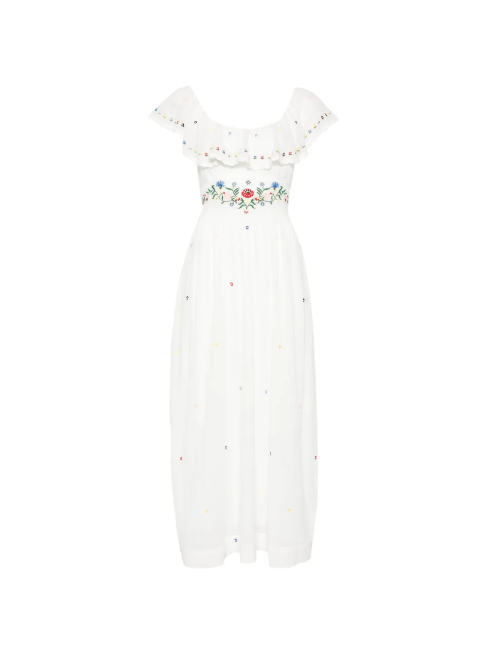 Rixo Ebony ruffled embroidered midi dress - Bianco