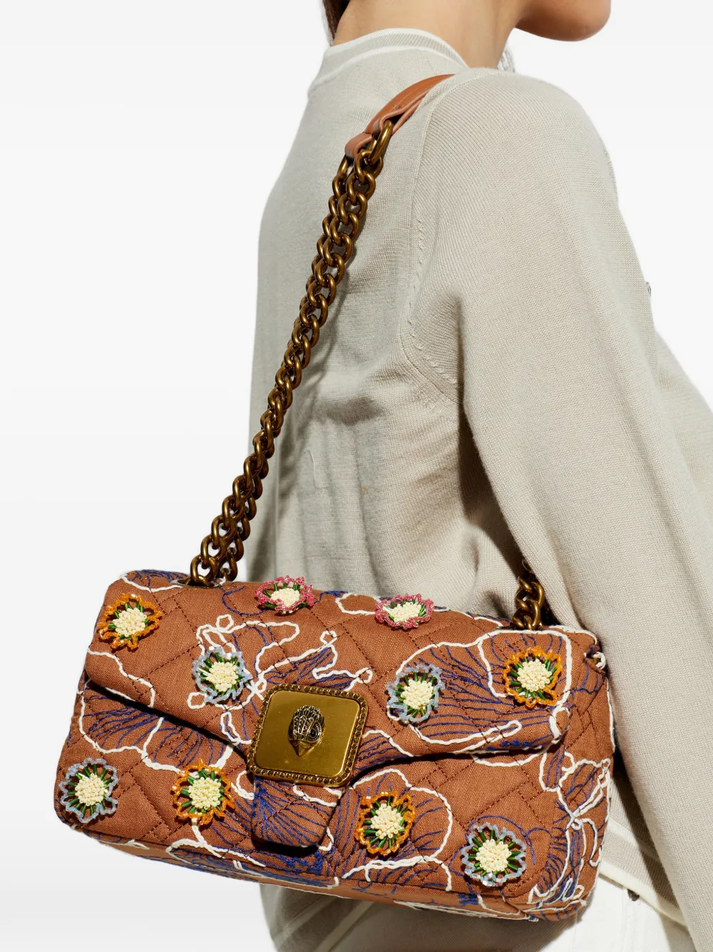  Kurt Geiger London Floral-embellishment Quilted Shoulder Bag - Brown 