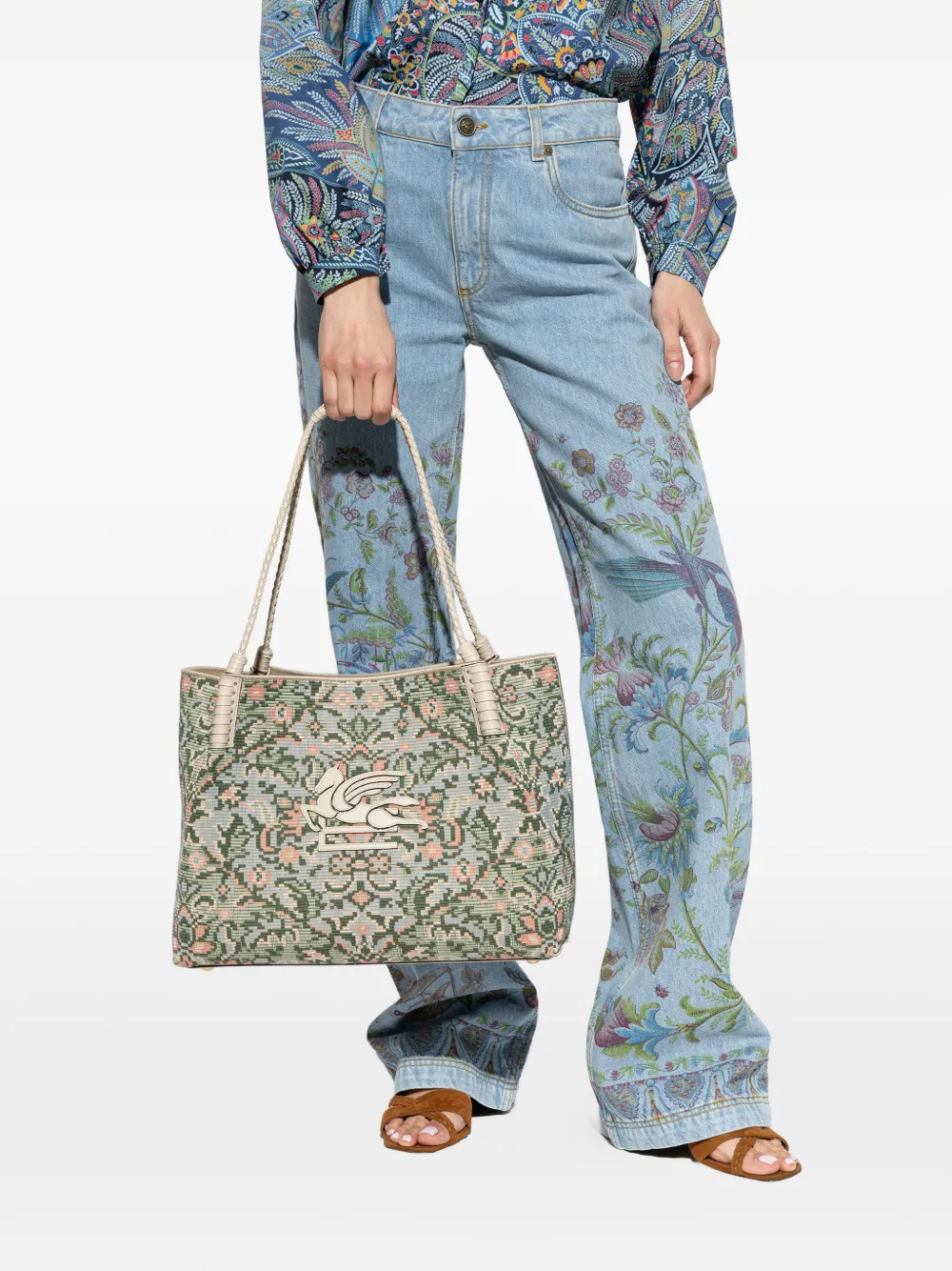  Etro Pegasus Floral Tote Bag - Blue 