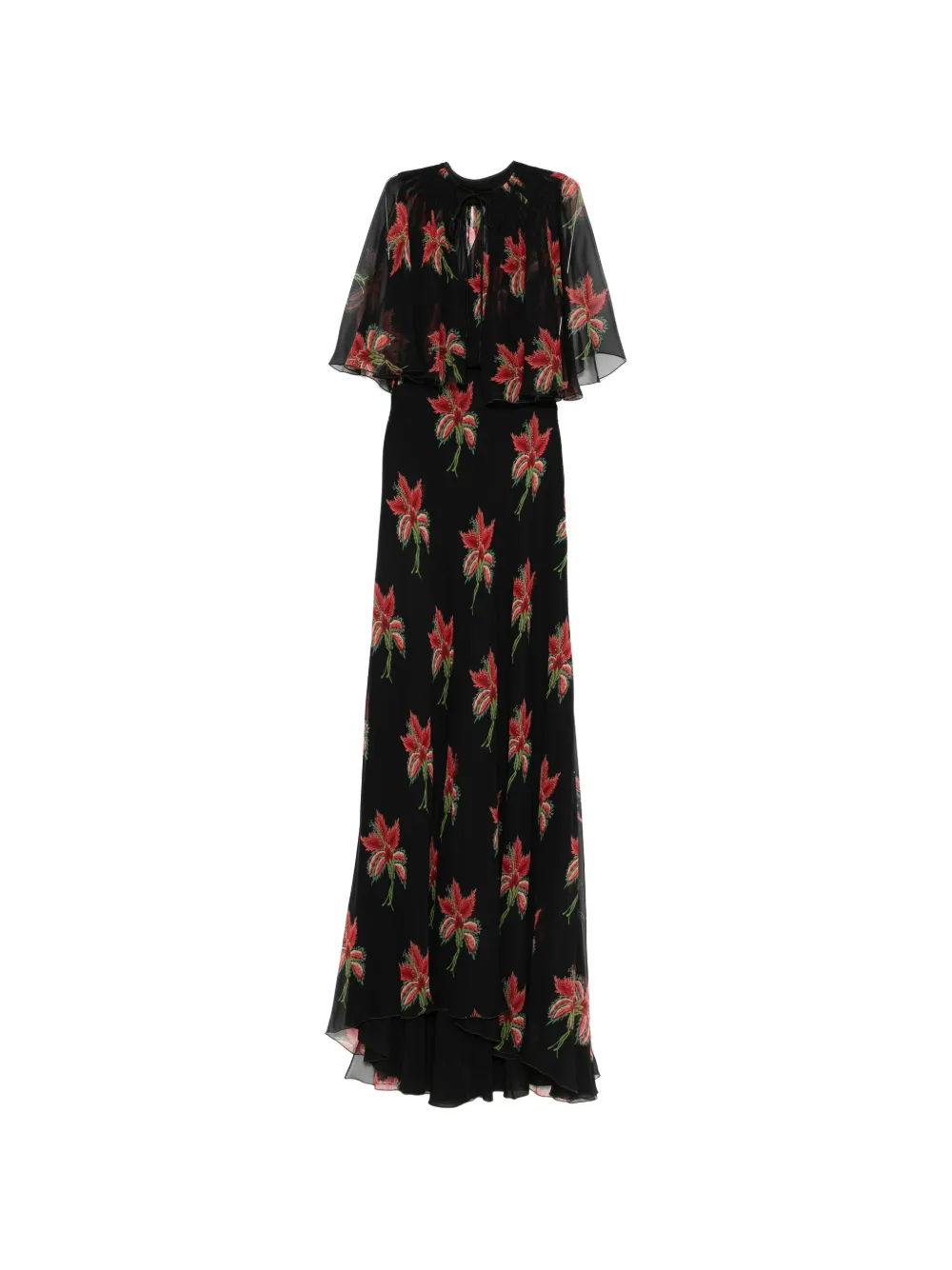 Valentino Garavani floral-print cape-sleeve dress - Nero