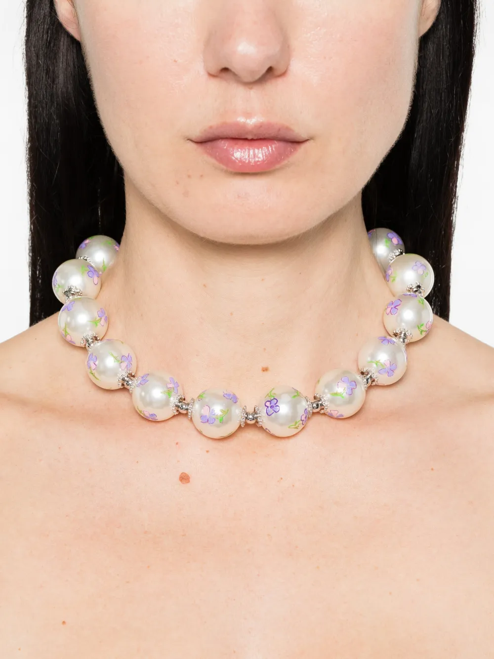  Yvmin Floral Beaded Necklace - Silver 