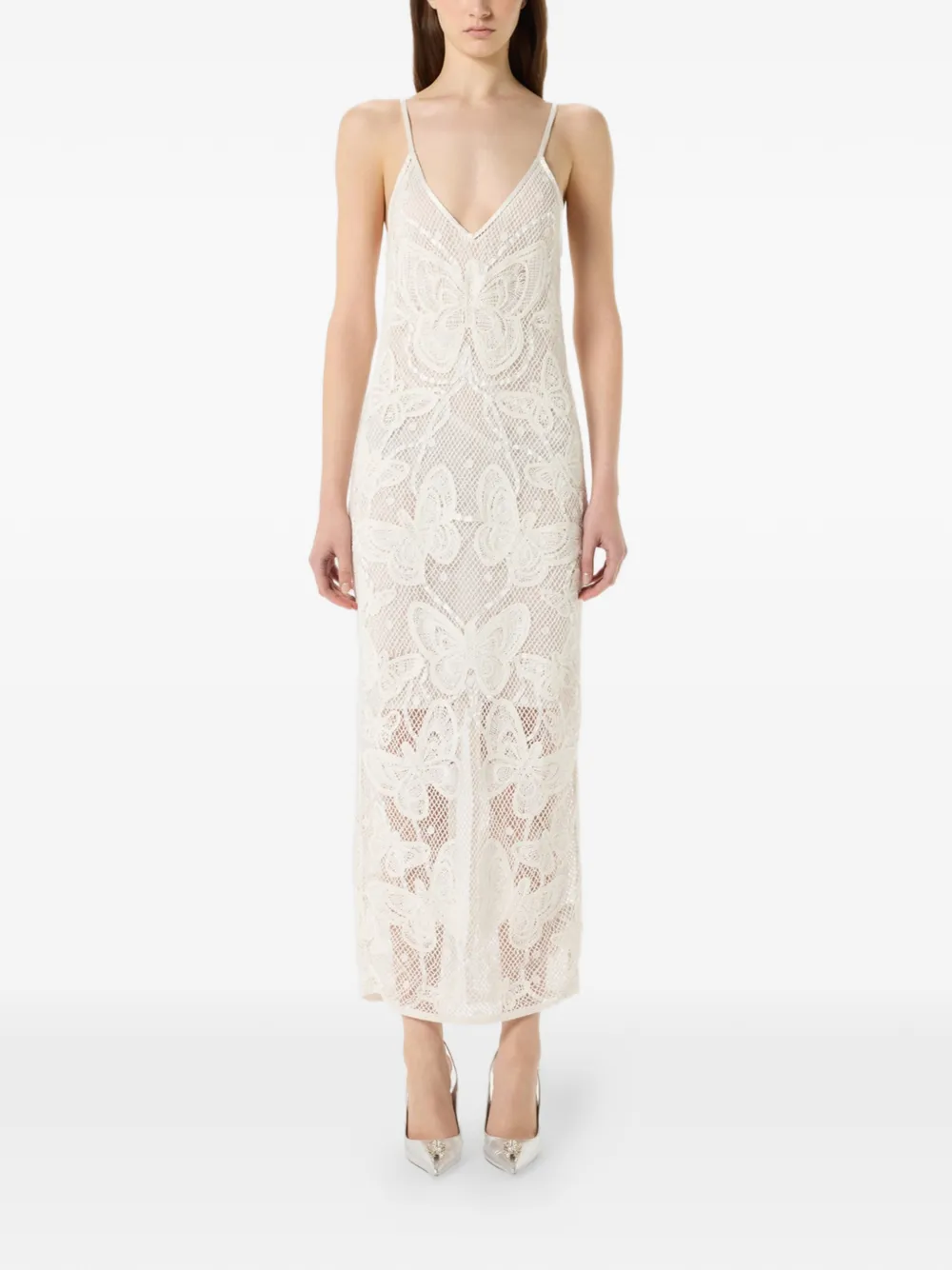 Blumarine Maxi-jurk met vlinderpatroon en V-hals Beige