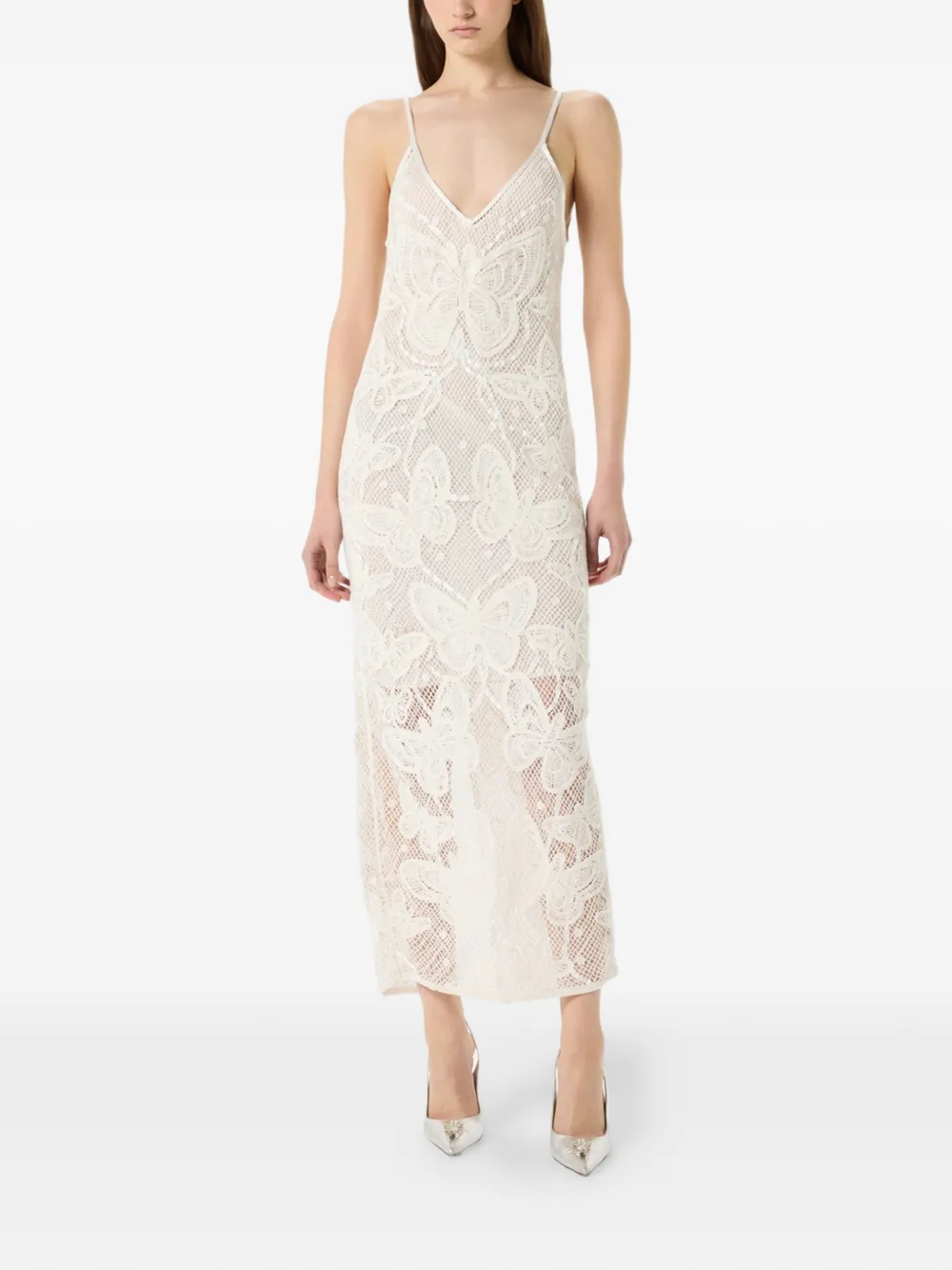Blumarine Maxi-jurk met vlinderpatroon en V-hals Beige