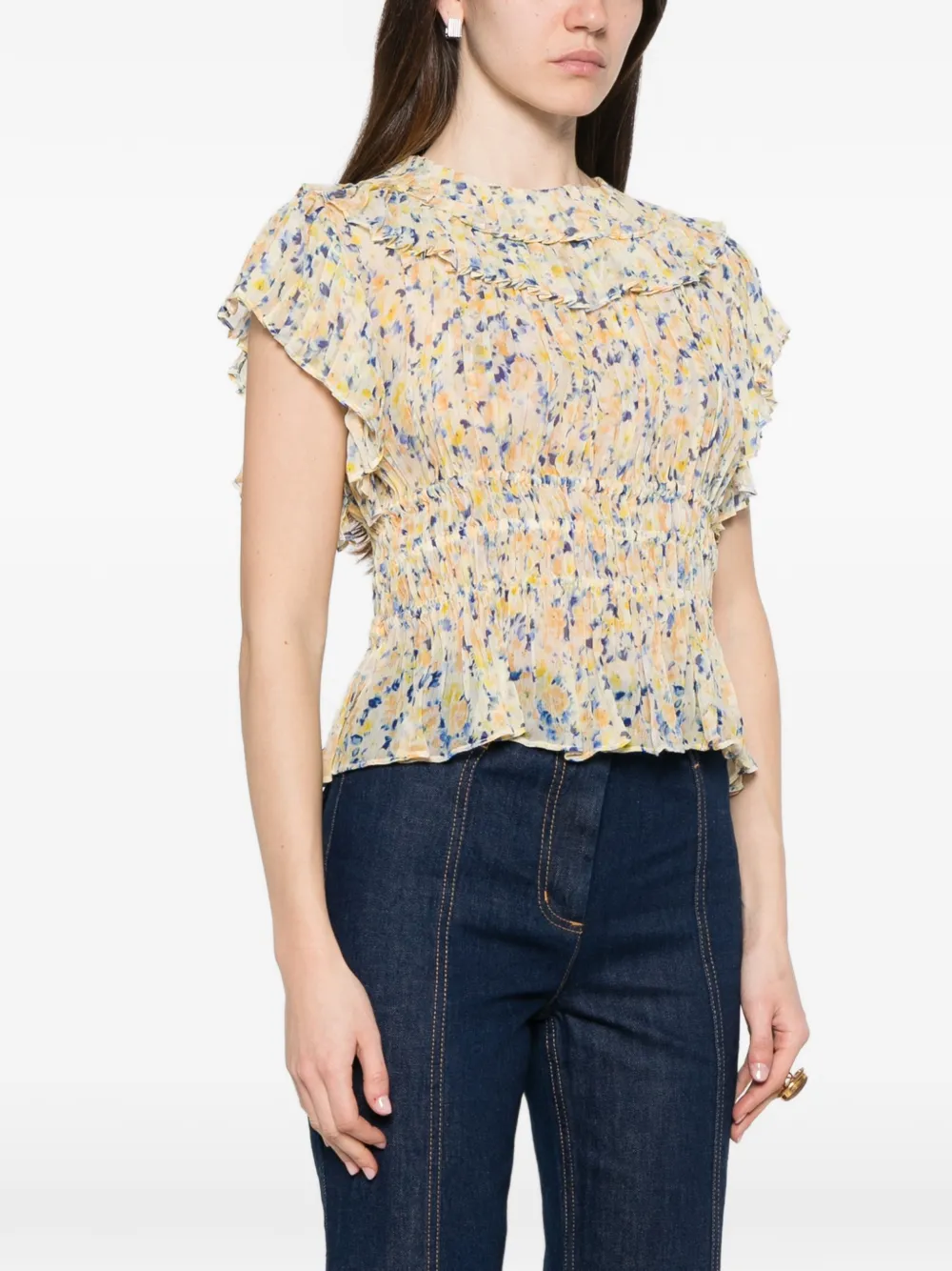 Ulla Johnson Athene blouse met ruches en bloemenprint Beige