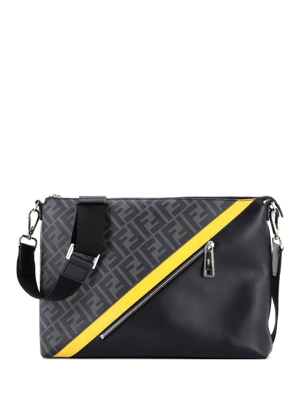 Fendi Pre-Owned Front Zip Messenger Zucca Coated Canvas and Leather Large crossbody bag - Nero
