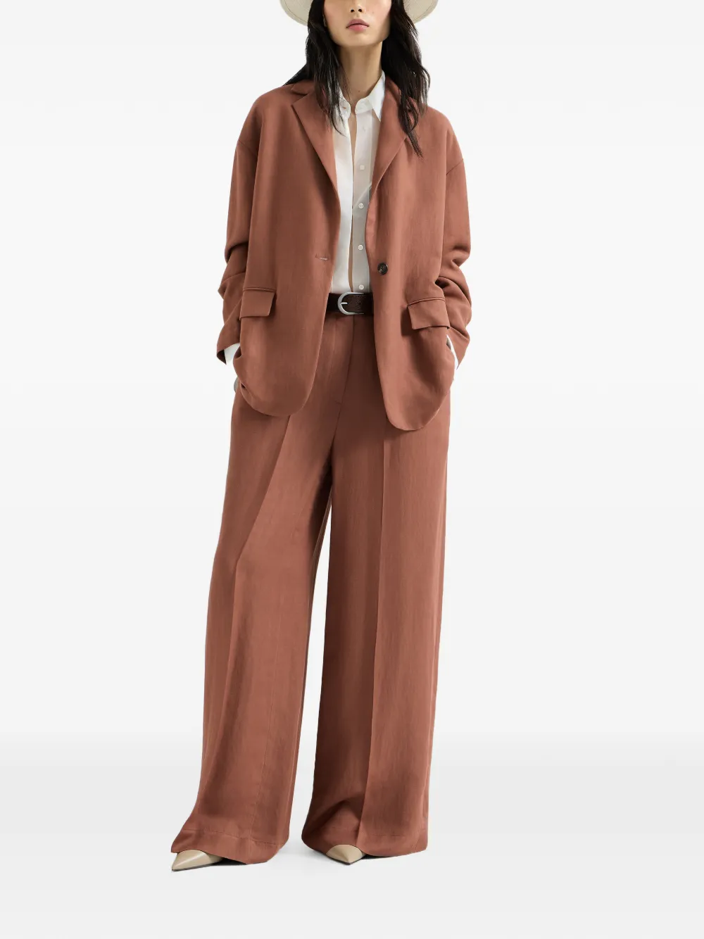 Brunello Cucinelli Twill viscose en linnen broek met wijde pijpen en monili-verfraaiing Bruin