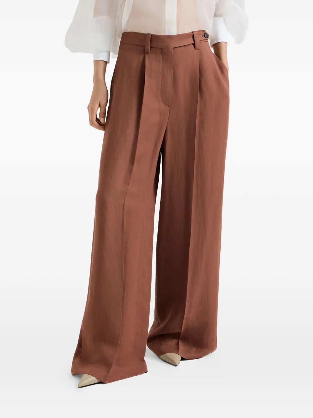 Brunello Cucinelli Twill viscose en linnen broek met wijde pijpen en monili-verfraaiing Bruin