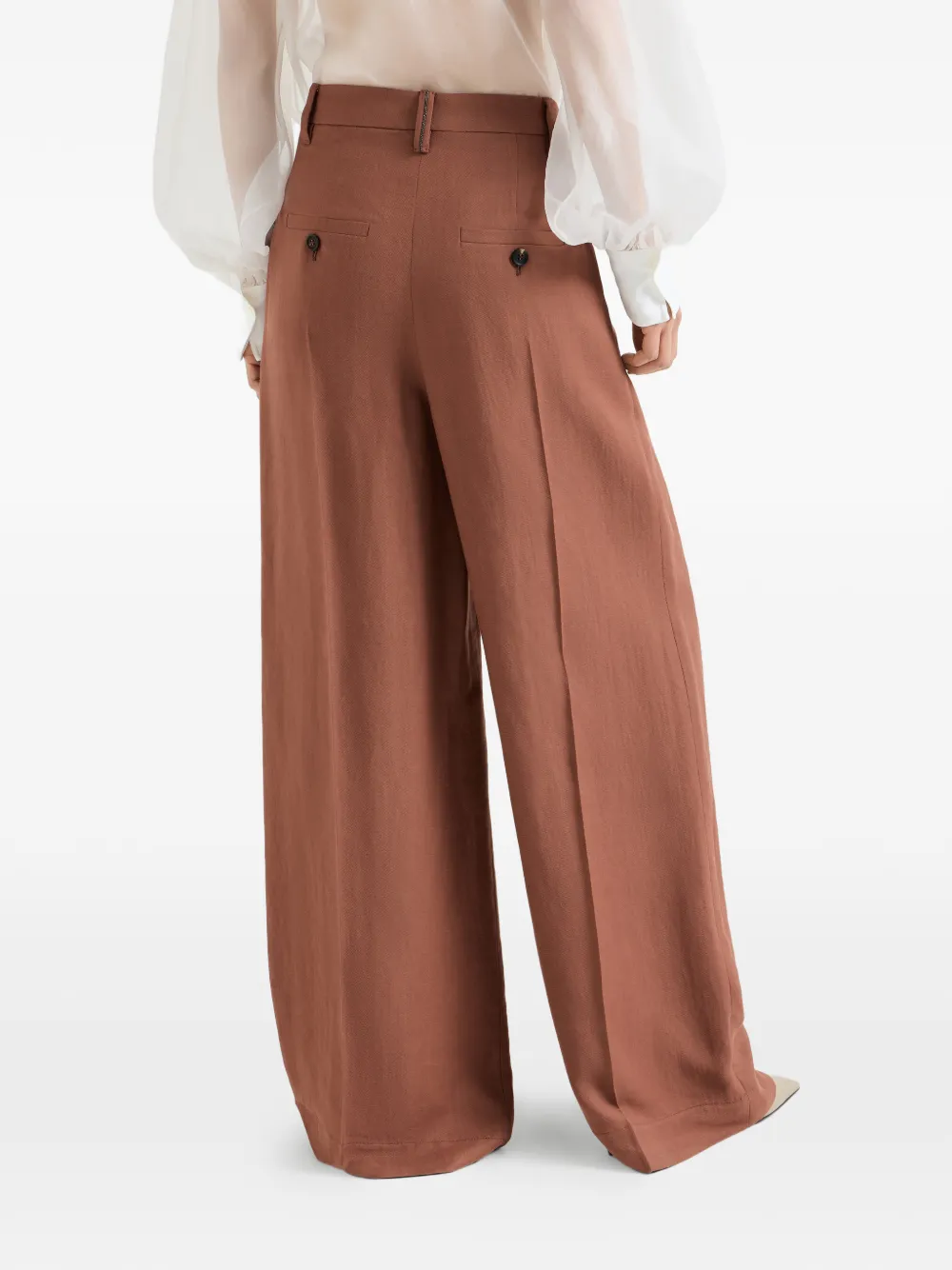 Brunello Cucinelli Twill viscose en linnen broek met wijde pijpen en monili-verfraaiing Bruin