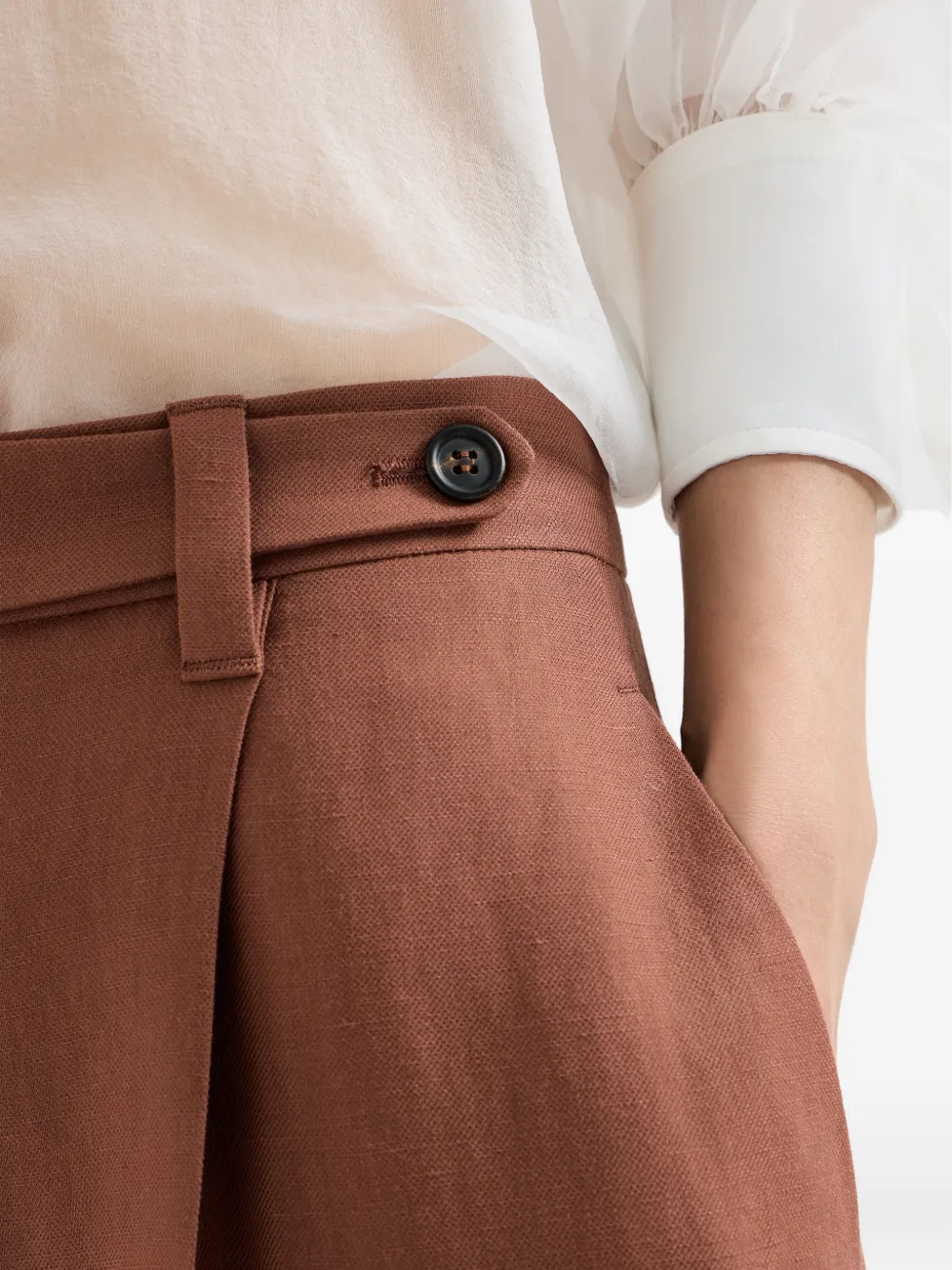 Brunello Cucinelli Twill viscose en linnen broek met wijde pijpen en monili-verfraaiing Bruin