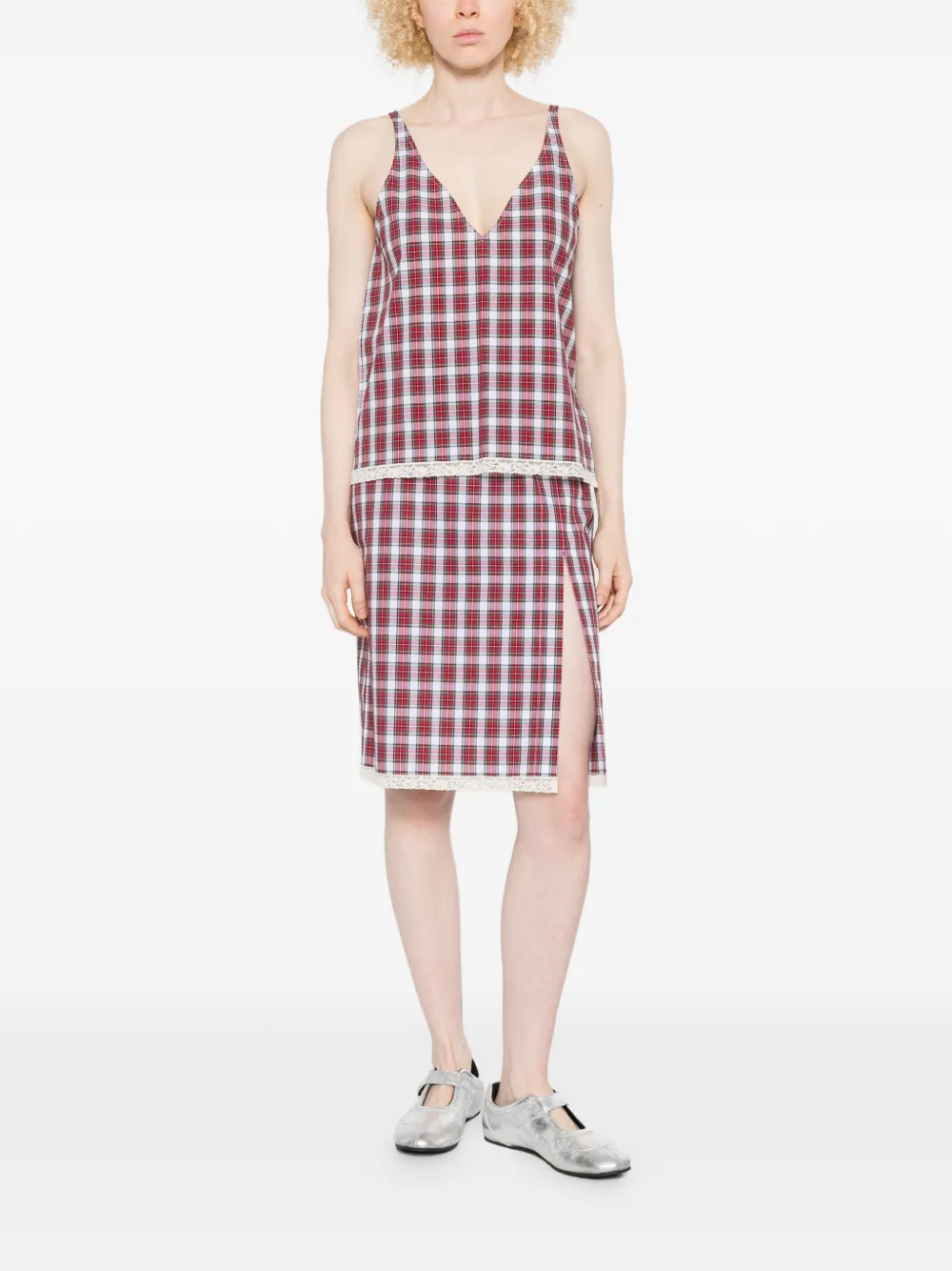  Nº21 Check-pattern Lace-trim Blouse - Red 