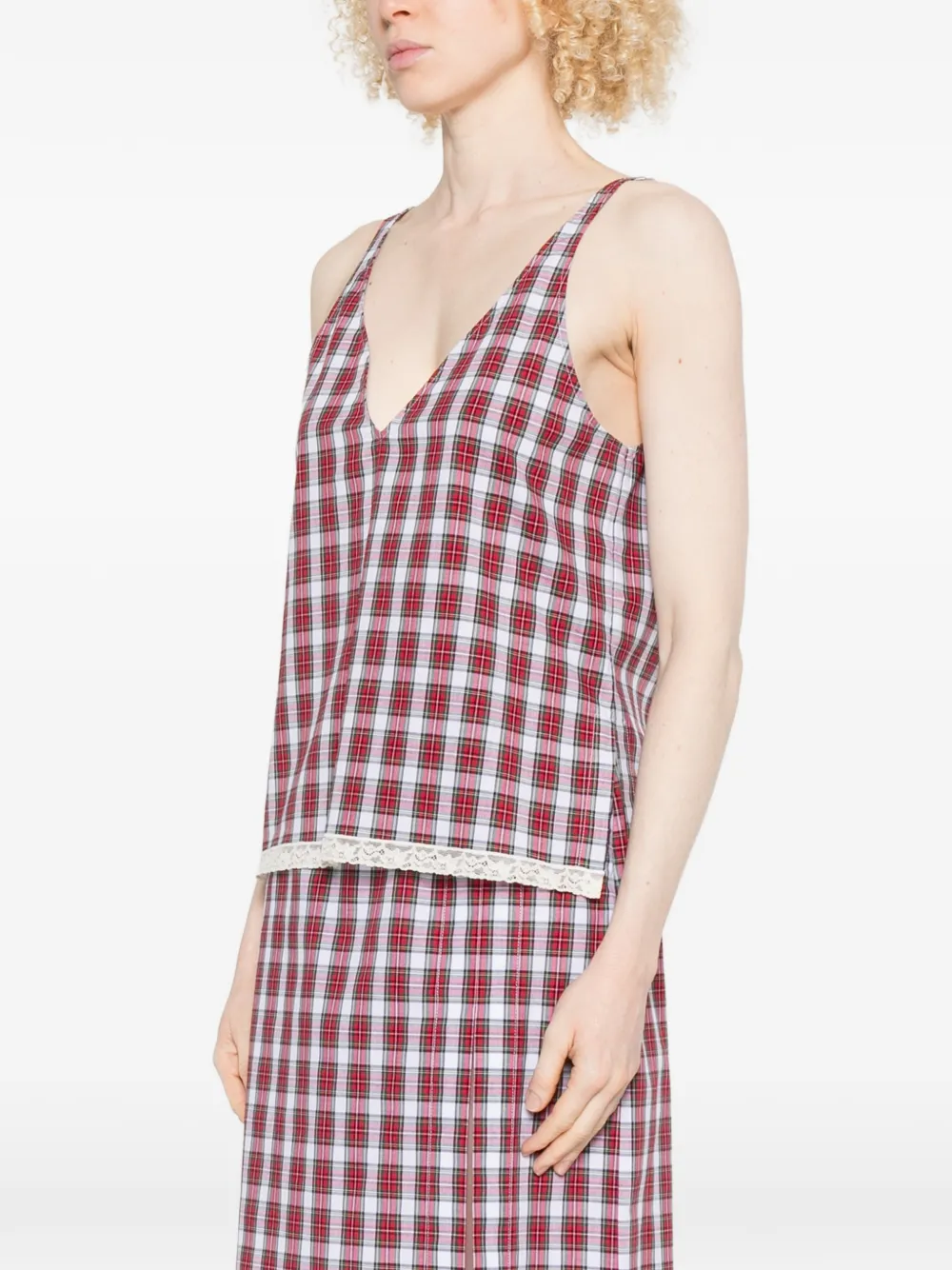  Nº21 Check-pattern Lace-trim Blouse - Red 