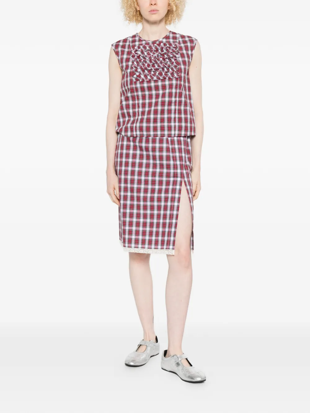  Nº21 Check-pattern Lace-trim Midi Skirt - Red 