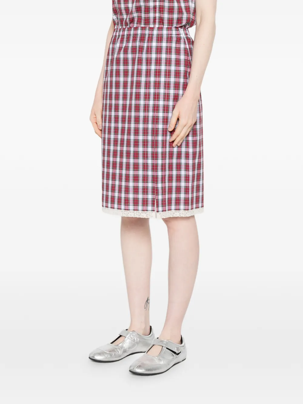  Nº21 Check-pattern Lace-trim Midi Skirt - Red 