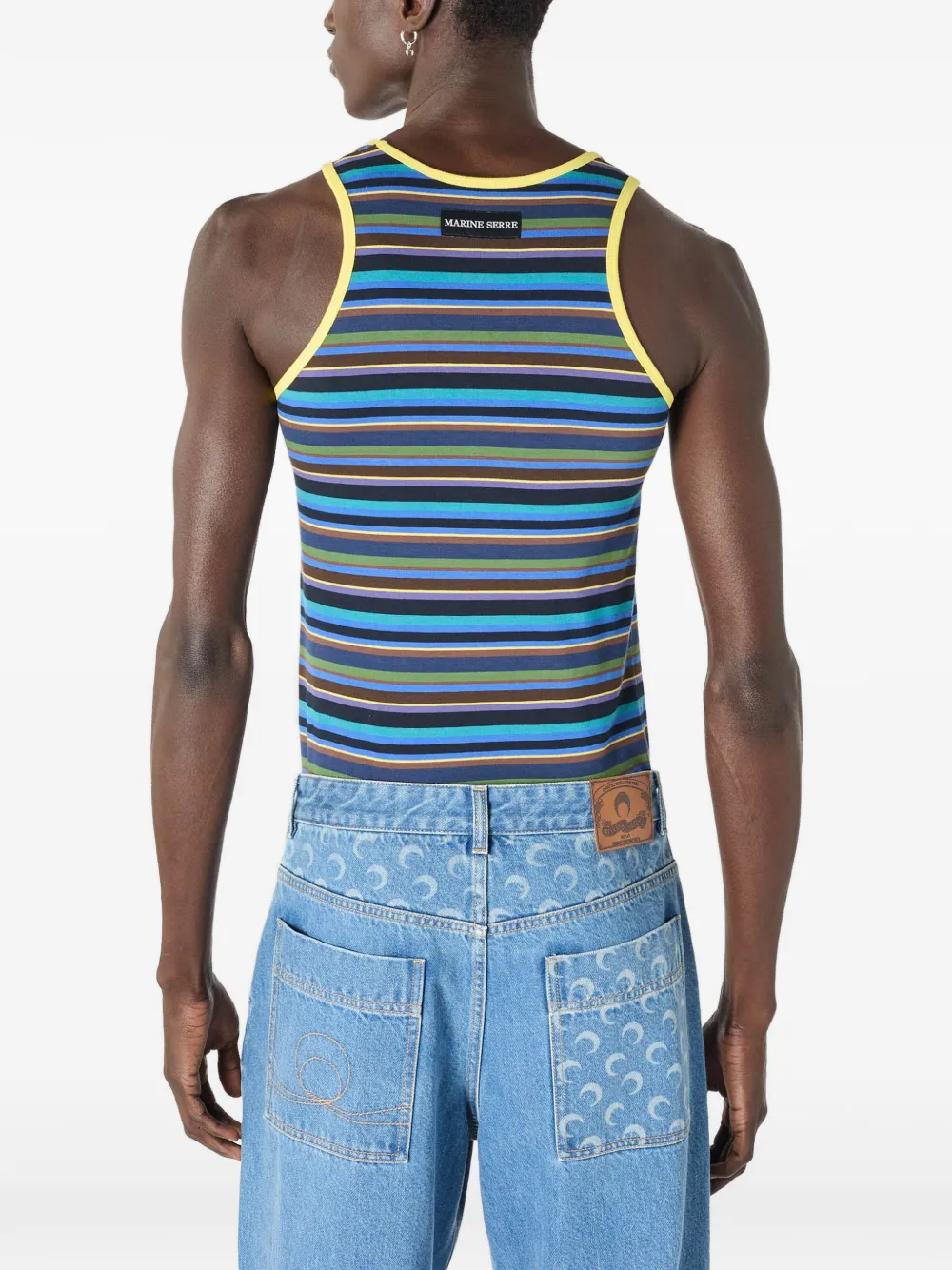 Marine Serre Deadstock moon-logo Striped Cotton Tank Top | Blue