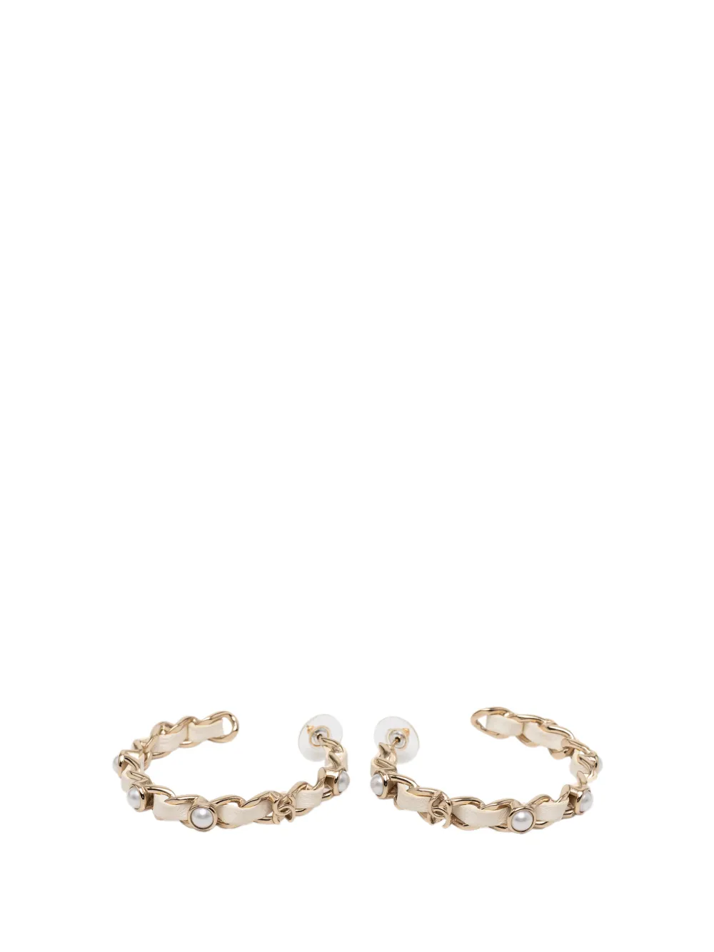 CHANEL Pre-Owned 2019 CC Leather Woven Gold Plated Chain Faux Pearl Hoop Push Back Earrings costume earrings - Oro