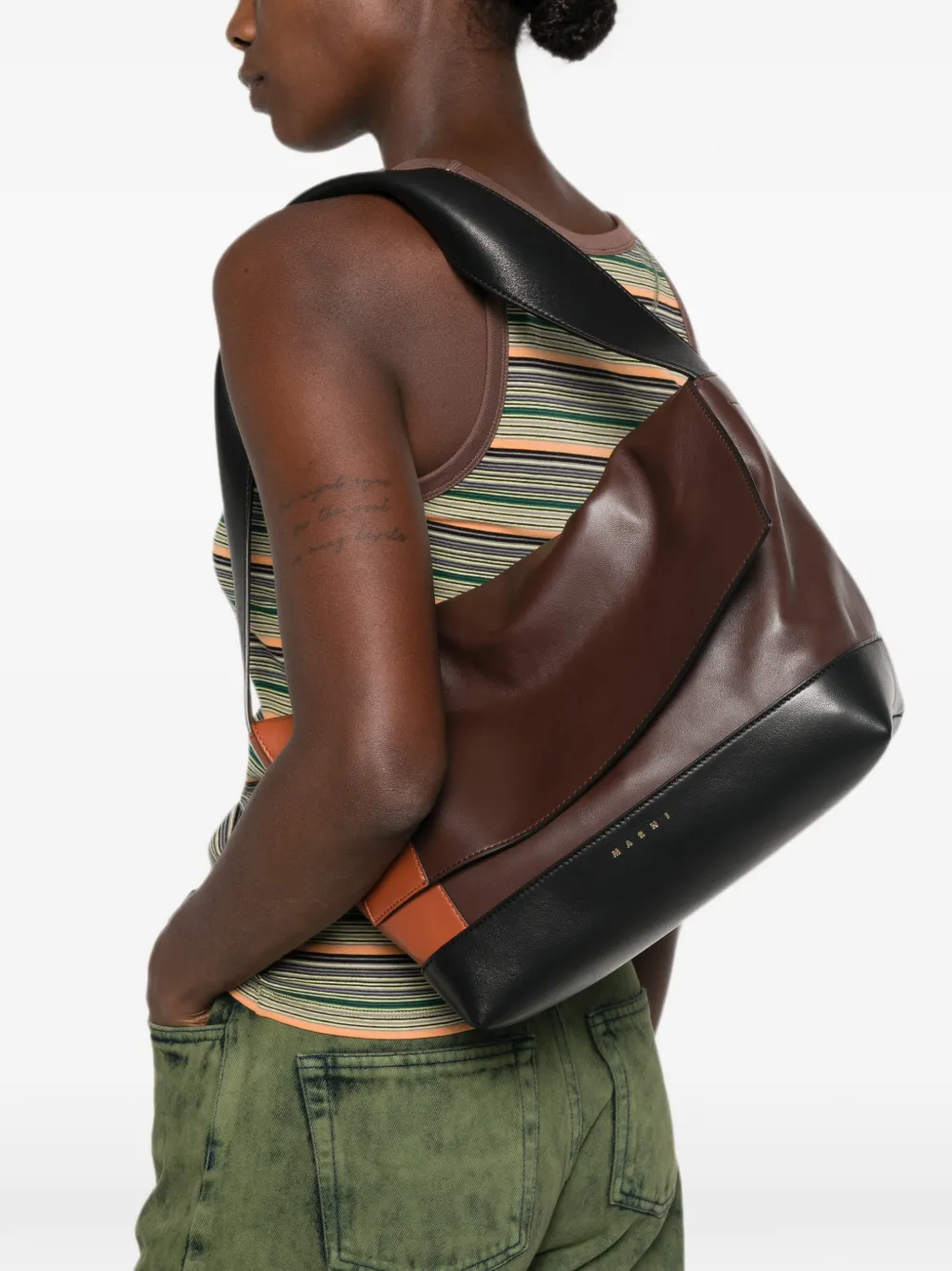 Marni Leren schoudertas met colourblocking Bruin