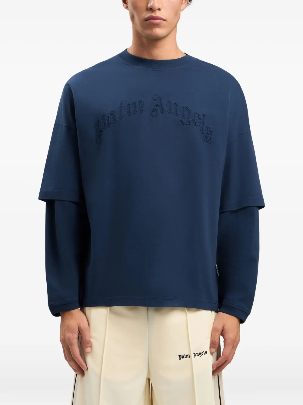Palm Angels Gewelfd T-shirt met logo en lange mouwen Blauw