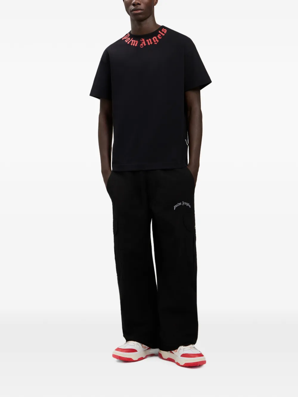 Palm Angels T-shirt met logo hals Zwart