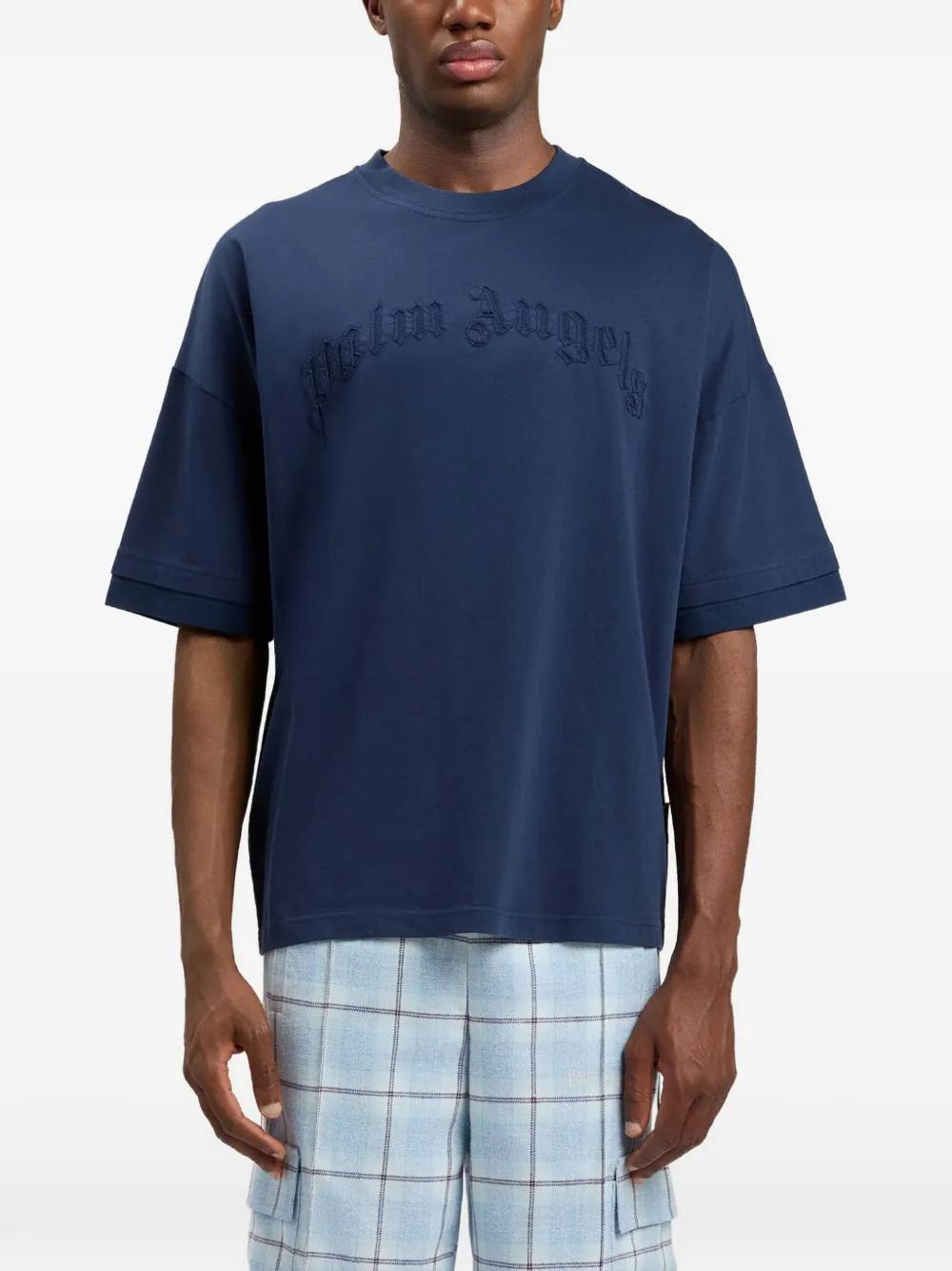 Palm Angels T-shirt met geborduurd gewelfd logo Blauw