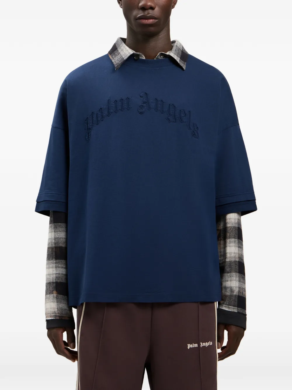 Palm Angels T-shirt met geborduurd gewelfd logo Blauw