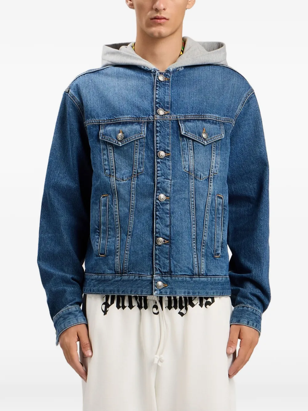 Palm Angels Denim jack met capuchon en gewelfd logo Blauw