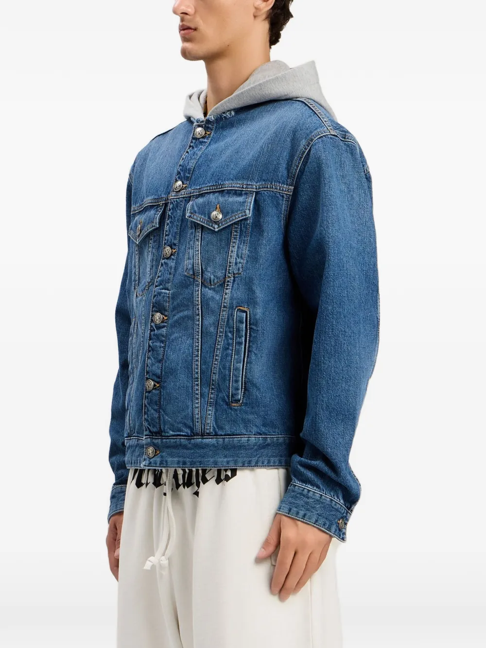 Palm Angels Denim jack met capuchon en gewelfd logo Blauw