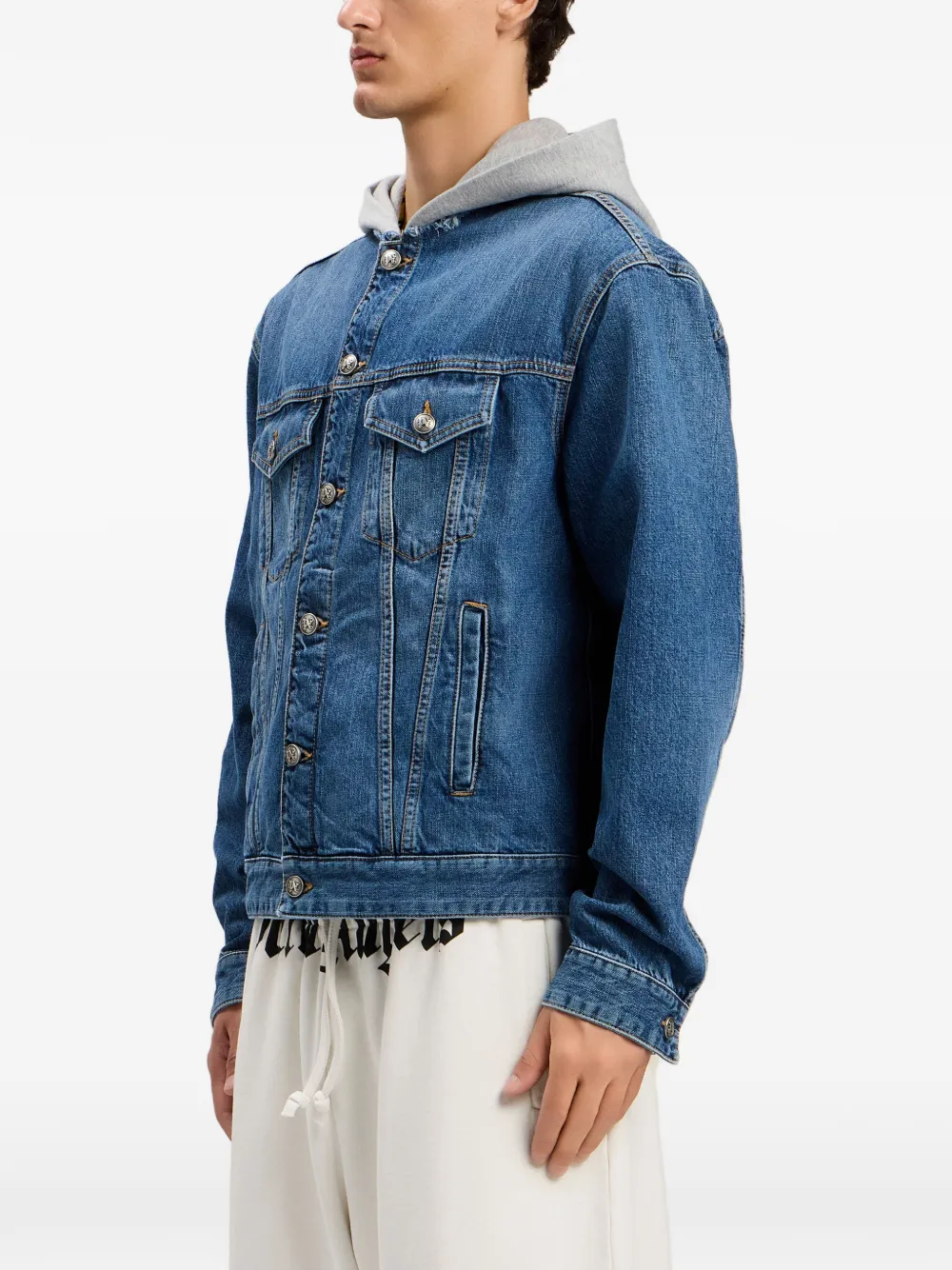 Palm Angels Denim jack met capuchon en gewelfd logo Blauw