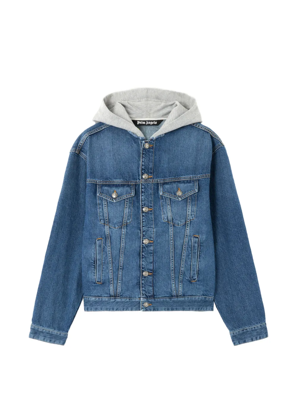 Palm Angels Denim jack met capuchon en gewelfd logo Blauw