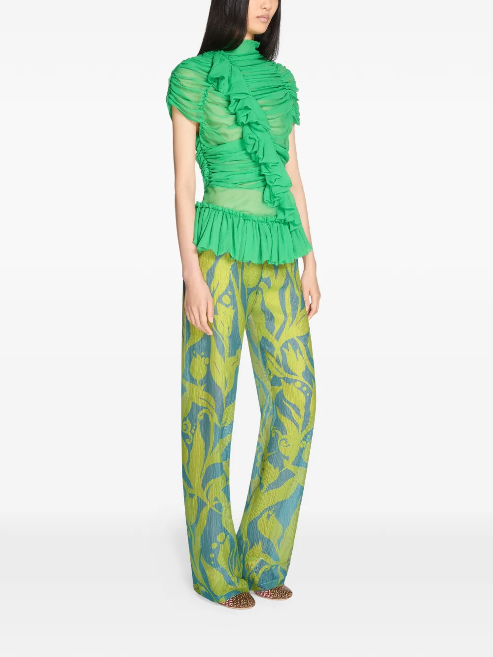  Dries Van Noten Ruffled Silk Top - Green 