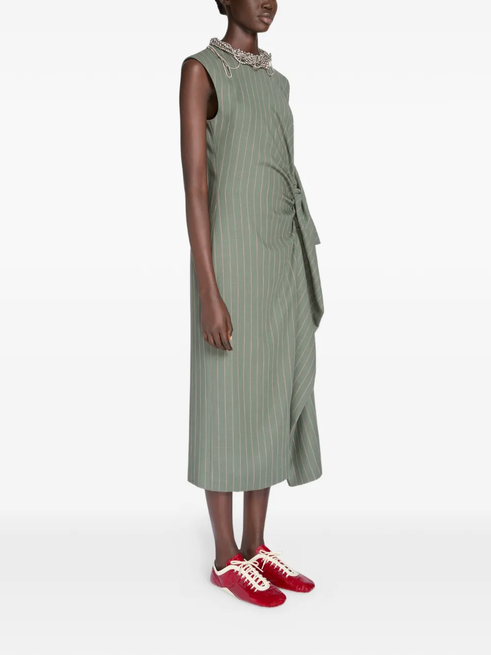  Dries Van Noten Pinstripe Ruffle Midi Dress - Green 