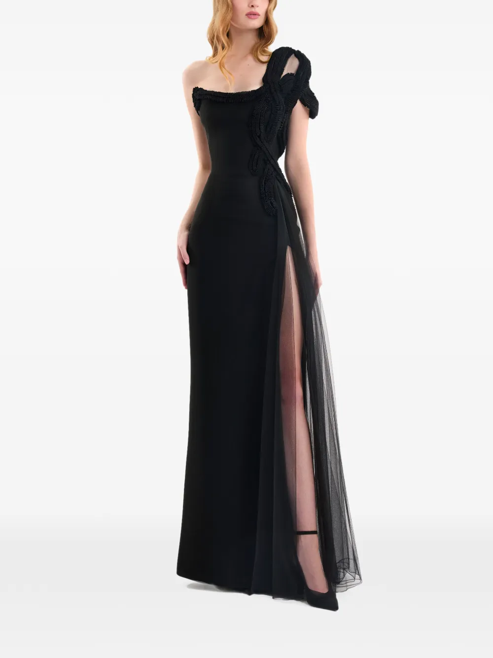 Gemy Maalouf Abito lungo monospalla con ricamo - Nero