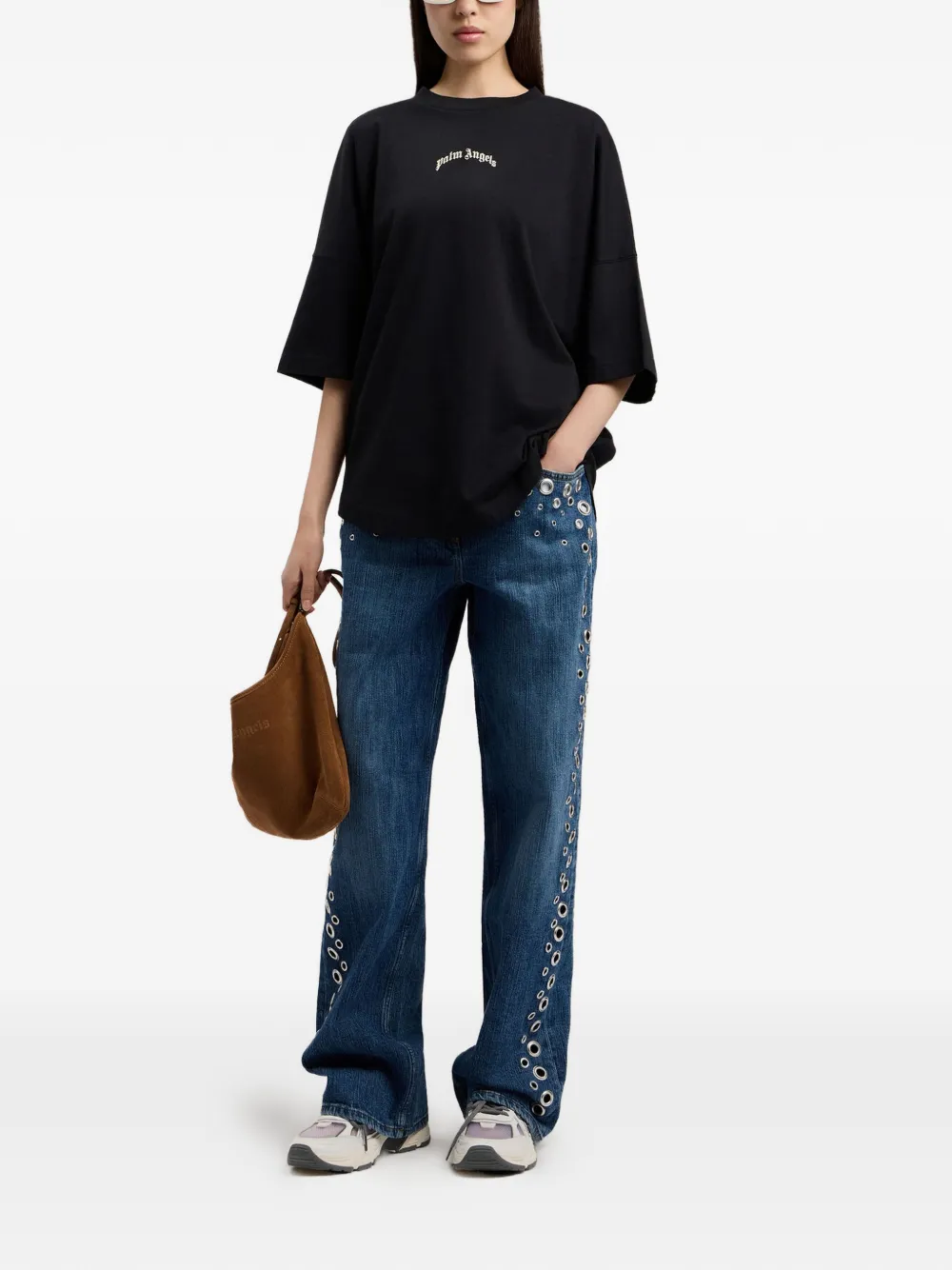 Palm Angels T-shirt met ronde hals en gewelfd logo Zwart
