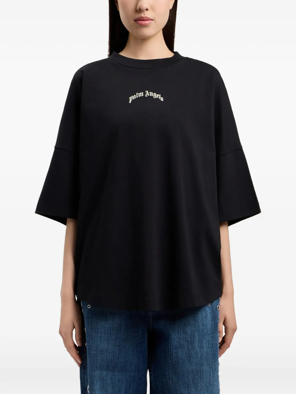 Palm Angels T-shirt met ronde hals en gewelfd logo Zwart