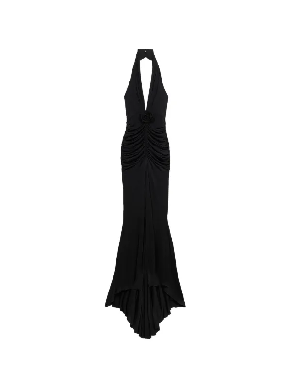 blumarine ruffled rose-detail maxi dress Blumarine Rose-detail Ruched Long Dress