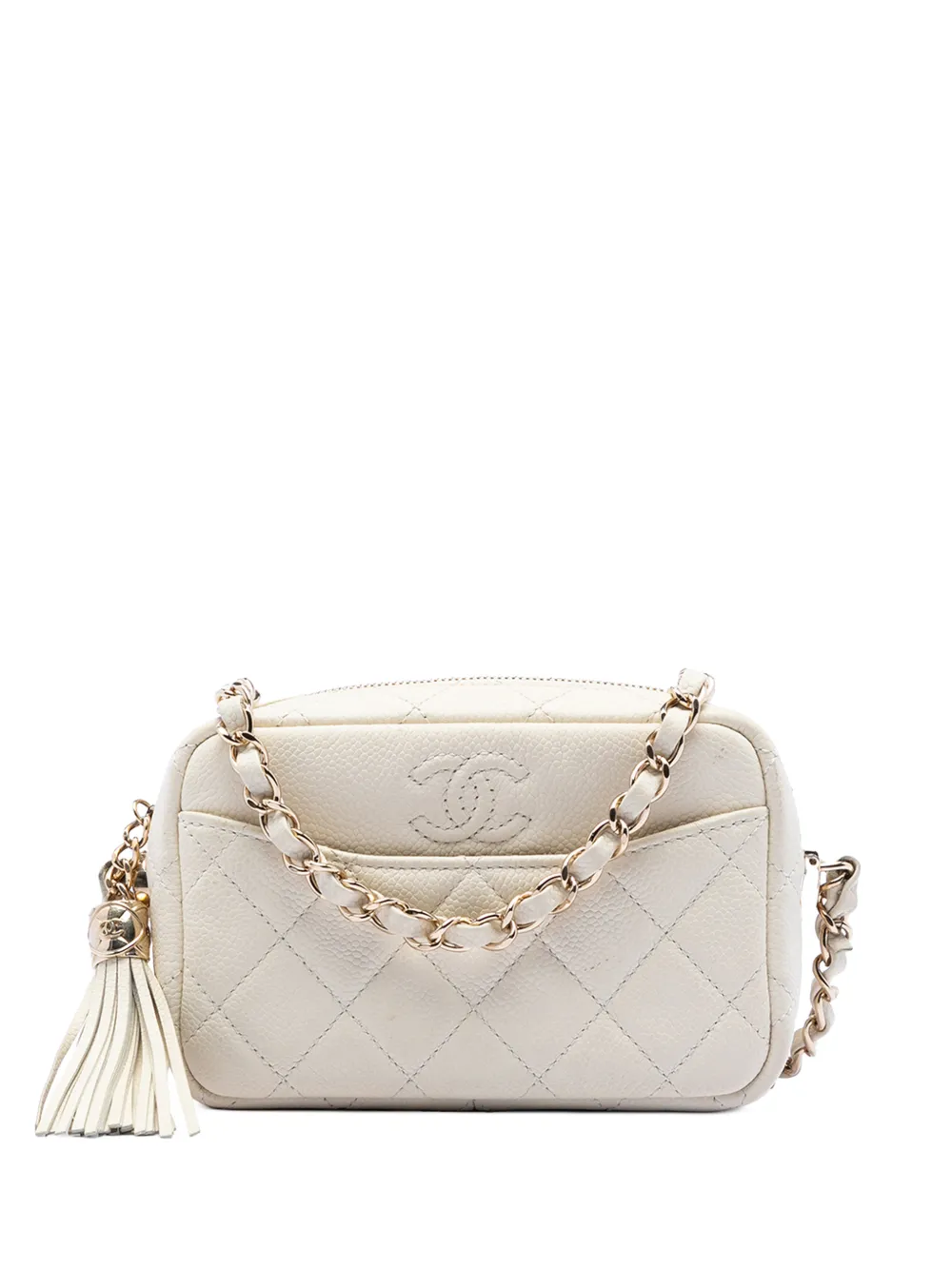 CHANEL Pre-Owned 2018-2019 Mini Quilted Caviar Coco Tassel Camera Case crossbody bag - Bianco