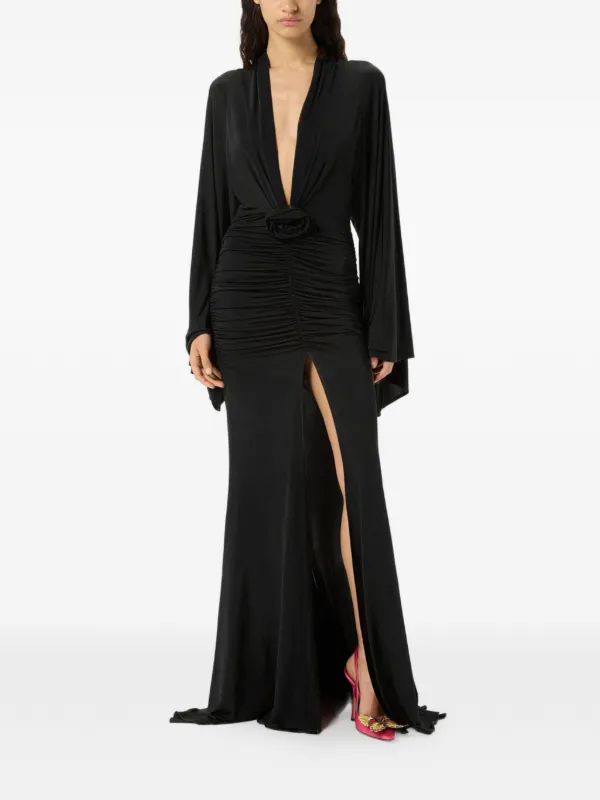 blumarine ruffled rose-detail maxi dress BLUMARINE Ruffled Silk Long Dress W/rose Blumarine