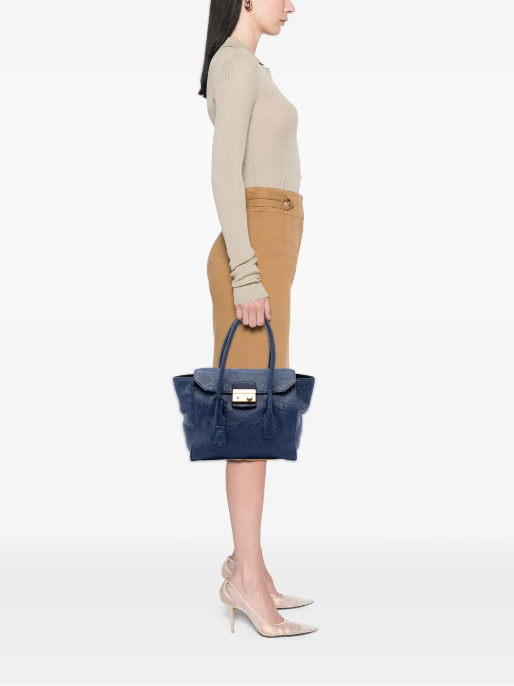 Prada Pre-Owned 2000-2025 Vitello Daino Sound Lock Satchel | Blue