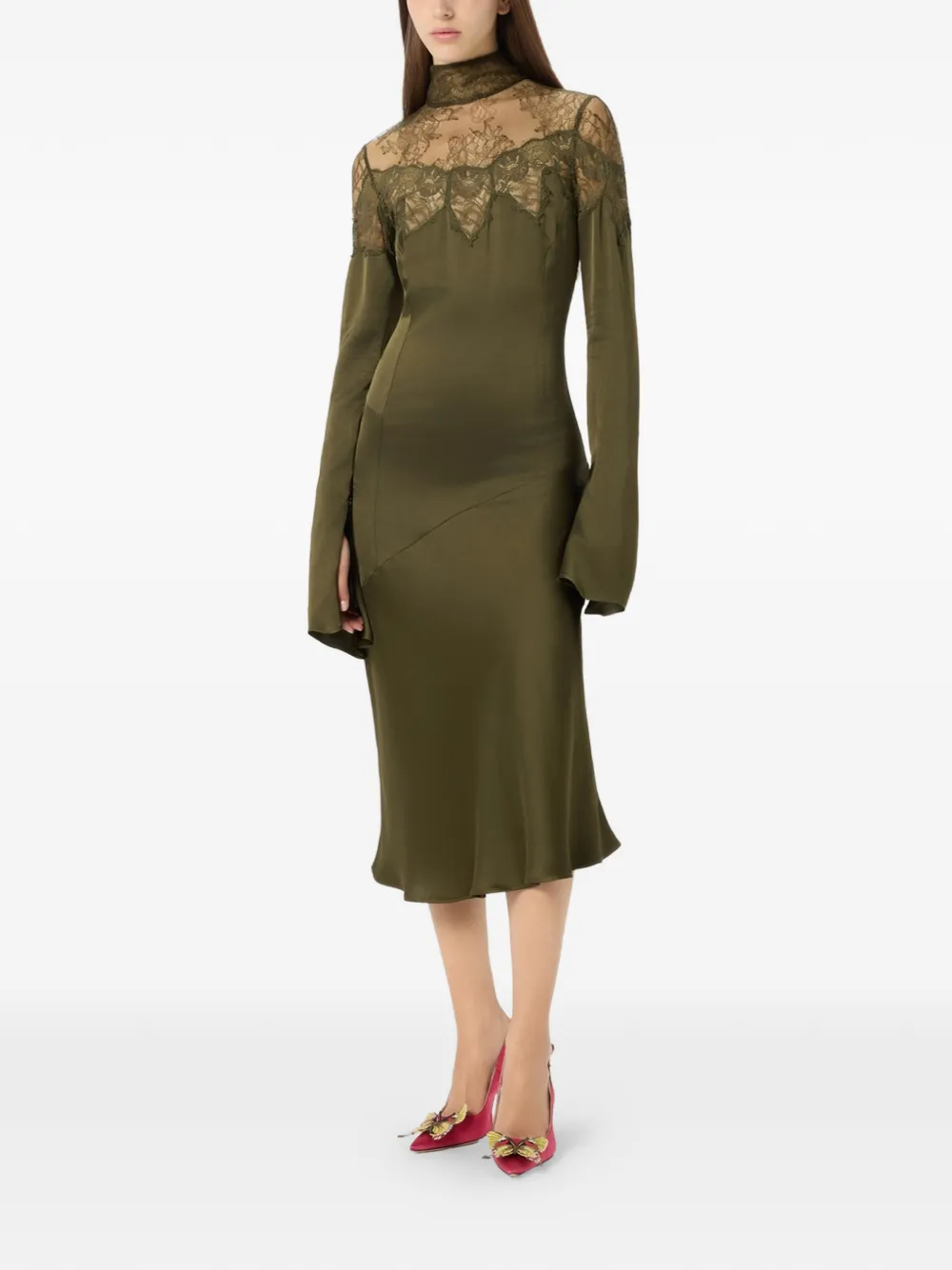 Blumarine Midi-jurk met hoge hals en kantdetail Groen